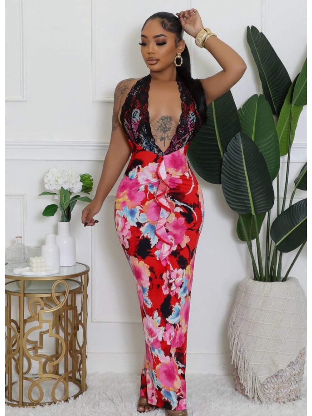 Y2K Lace Halter Floral Maxi Dress | Tropical Vacation Resort Dress
